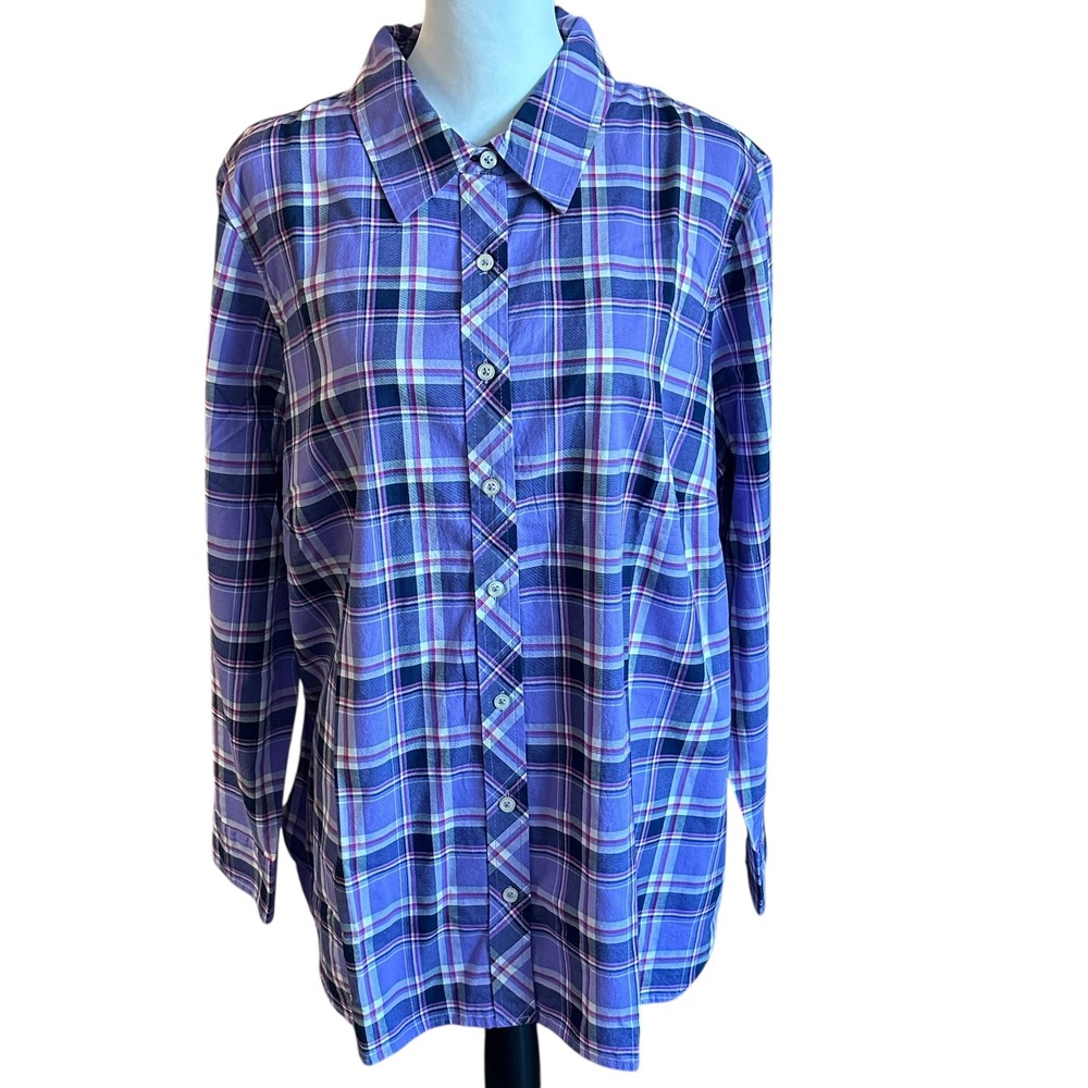 Talbots‎ Plus Shirt NWT Size 2X Purple Plaid Cotton Long Sleeve Button Up Shirt